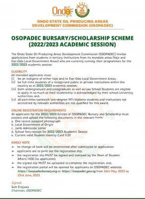 OSOPADEC Bursary and Scholarship Scheme for 2022/2023 academic session