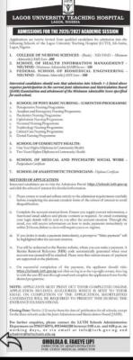 LUTH releases Admission forms for Nursing & School of Health, 2026/2027
