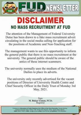 FUDutse disclaimer notice on mass recruitment