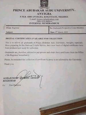 PAAU notice to all graduands/NYSC on collection of digital certificates