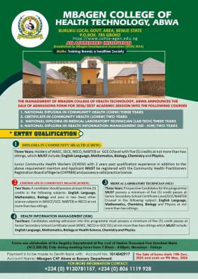 Mbagen College of Health Technology, Abwa announces Admission Exercise, 2026/2027