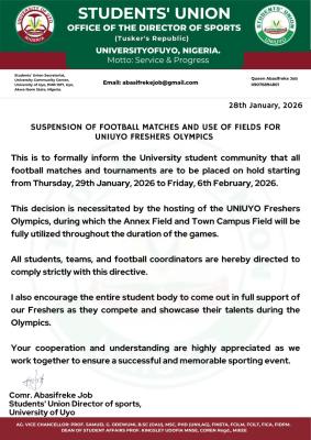 UNIUYO SUG notice on temporary suspension on the use of fields