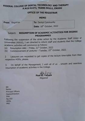 Federal College of Dental Technology, Enugu resumption date for degree students