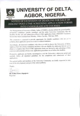 UNIDEL Extends 2026/2027 Post-UTME Screening Application form Deadline