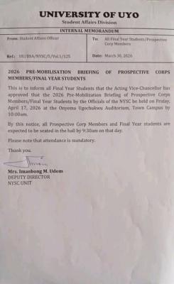 UNIUYO notice on pre-mobilization of prospective Corps Members/Final Year