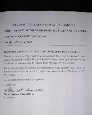 Federal College of Education Pankshin announces resumption of academic activities
