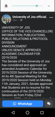 UNIJOS notice on resumption for continuation of 2019/2020 session