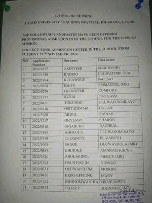 Lagos University Teaching Hospital (LUTH) School of Nursing Admission List, 2022/2023