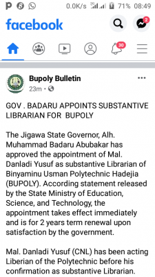 Jigawa State Governor appoints substantive Librarian for BUPOLY