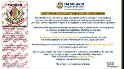 TASUED certificate collection scam alert
