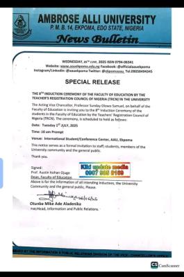 AAU announces 8th TRCN Induction Ceremony for Faculty of Education