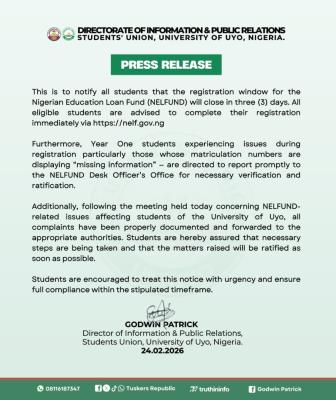 UNIUYO SUG update on NELFUND