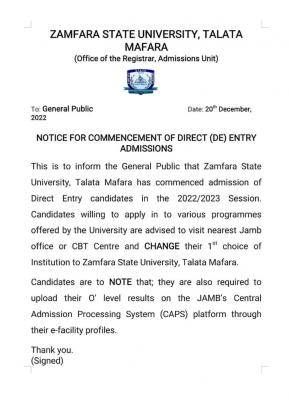 ZAMSU Direct Entry Admission form, 2022/2023