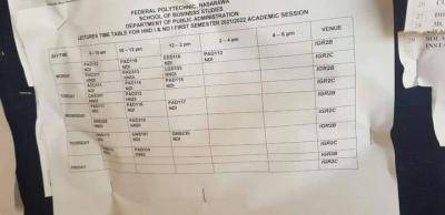 FEDPOLY Nassarawa First Semester Lecture Timetable for 2021/2022 Session