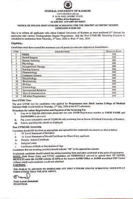 FUKASHERE Post-UTME/DE 2026: Cut-off mark, Eligibility and Registration Details