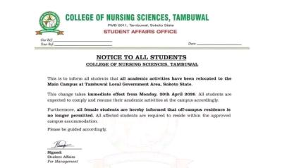College of Nursing Sciences, Tambuwal notice on relocation of academic activities to main campus