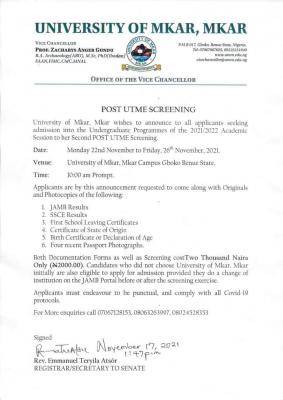 University of Mkar 2nd Post-UTME Screening Exercise, 2021/2022