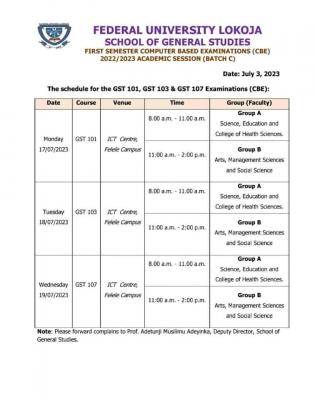FULOKOJA School of General Studies releases CBE timetable (Batch C), 2022/2023