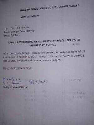 NOCEN postpones exams scheduled to hold September 9th
