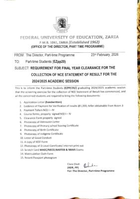 FUEZ announces final year clearance for part time students