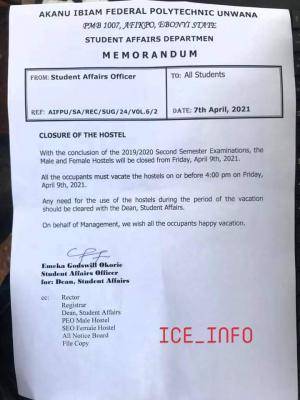 Akanu Ibiam Federal Polytechnic directs students to vacate hostels by Friday, 9th April