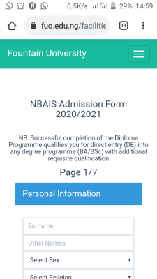 Fountain University NBAIS Diploma admission for 2020/2021 session