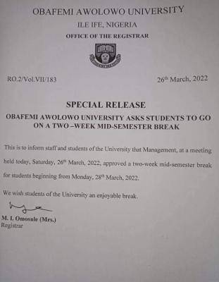 OAU announces mid-semester break