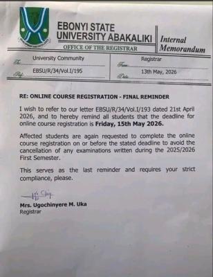 EBSU reiterates online course registration deadline