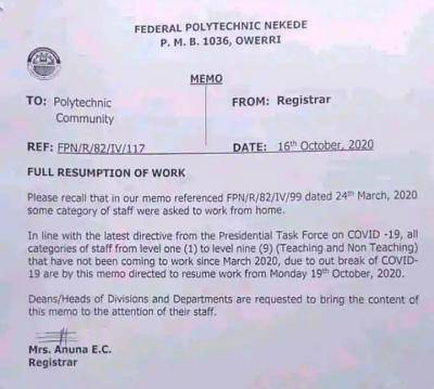Federal Polytechnic Nekede directs staff to resume