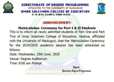 Umar Suleiman COE matriculation ceremony for Part I & II degree students, 2024/2025