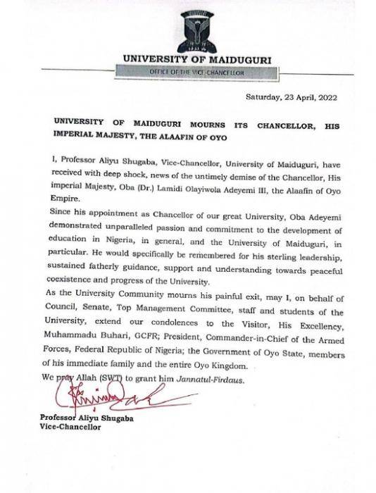 UNIMAID mourns the demise of its chancellor, the Alaafin of Oyo