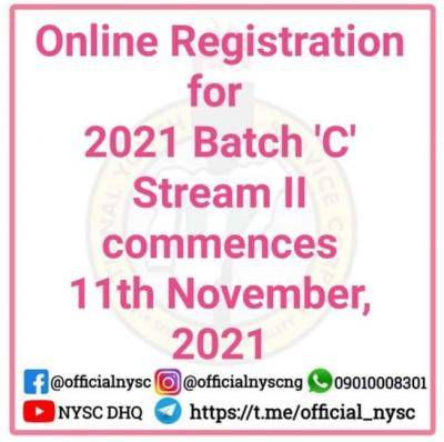 NYSC announces date for commencement of 2021 batch C (stream II) online registration