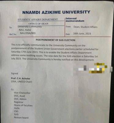 UNIZIK postpones SUG Elections