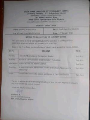 Ogun State Institute of Technology begins ID card collection for new students