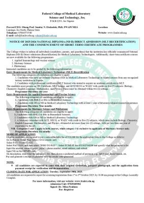 FCMLST ND II direct admission and short-term certificate programmes, 2025/2026