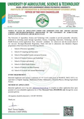 University of Agriculture, Science & Tech. Ihugh Remedial Admission form (2nd cohort), 2026/2027