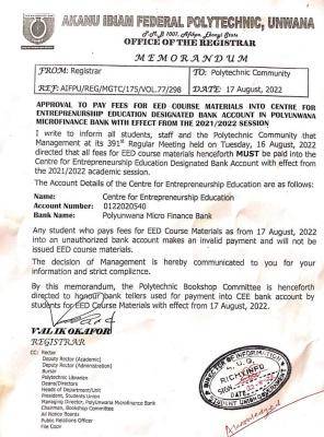 Akanu Ibiam Polytechnic Notice on New account for payment of EED fees