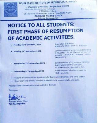 OGITECH announces resumption and exam dates for HND I and HND II students