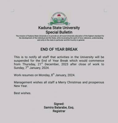 KASU notice of end of the year break