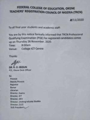 FCE Okene TRNC issues notice to final year students and academic staff