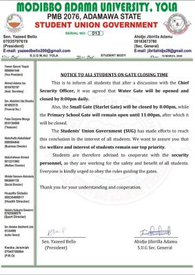MAUTECH SUG notice to students on gate closing time