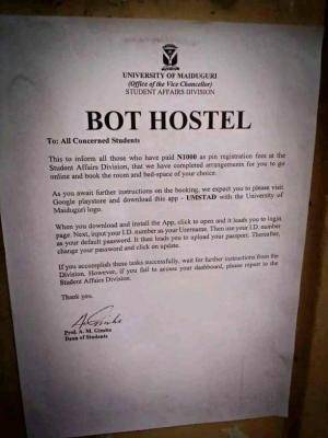 UNIMAID notice to all students on hostel application