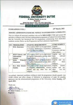 FUDutse admission into newly approved programmes, 2020/2021
