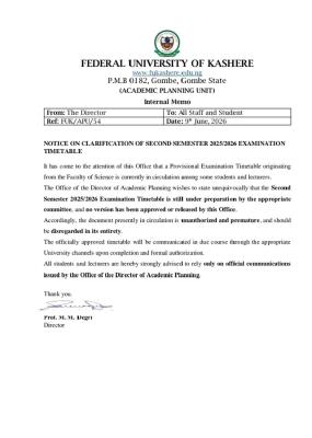 FUKASHERE issues important clarification regarding second semester exam timetable, 2025/2026