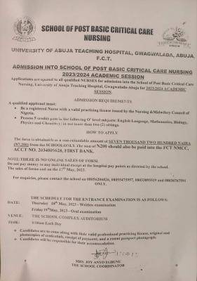 UNIABUJA Teaching Hospital Post-Basic Critical Care Nursing Admission, 2023/2024