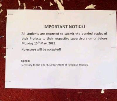 GOMSU notice to 400 Level students of Department of Religious Studies