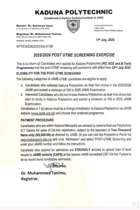 KADPOLY Post-UTME 2025: Cut-off mark, Eligibility and Registration Details