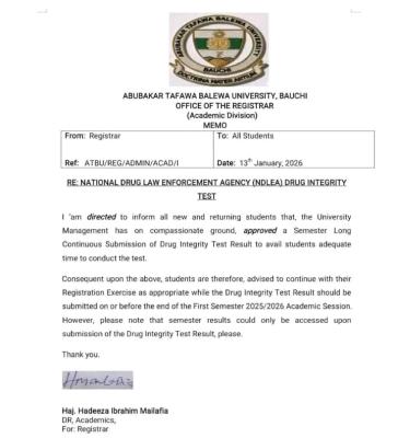 ATBU extends deadline for NDLEA drug integrity test submission
