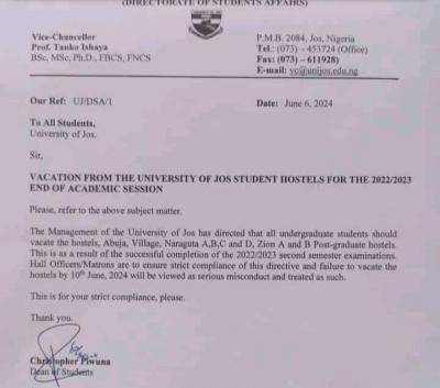 UNIJOS directs students to vacate hostels following conclusion of 2022/2023 session