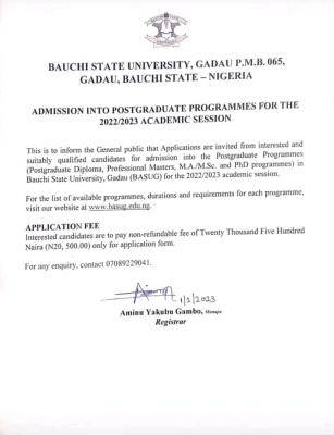 BASUG Postgraduate Admission form, 2022/2023